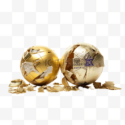 完整和破碎的金色圣诞球与欧元钞