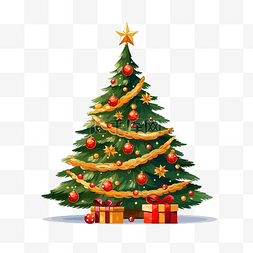 扁平的圣诞树松树装饰着美丽的灯