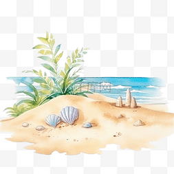 水彩沙滩夏日元素海滩夏日插画