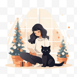 圣诞快乐场景图片_女孩坐着抱着一只猫，部分装饰的