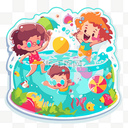 漂浮在水上图片_矢量贴纸，三个孩子漂浮在水中，