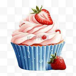 蓝色水果图片_蓝色奶油和草莓纸杯蛋糕