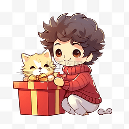卡通可爱圣诞男孩和猫打开礼盒矢
