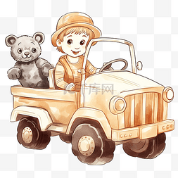 插小男孩图片_小男孩在一辆大玩具卡车里玩耍，