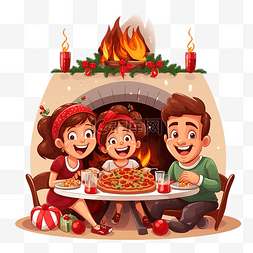 晚上，幸福的家庭与孩子们在壁炉