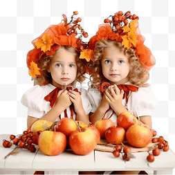 苹果时间图片_秋天花园里有龙头的双胞胎小女孩