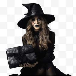 黑墙上戴着黑帽子的万圣节女巫拿