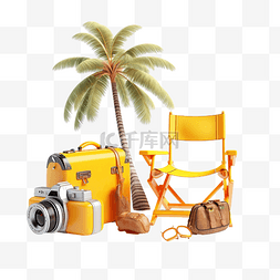 预订图片_3d 夏季旅行与黄色手提箱沙滩椅棕