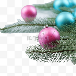 圣诞节树图片_蓝色表面上的绿色云杉树枝和粉色