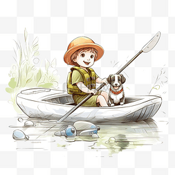 充气船图片_小男孩渔夫拿着钓竿和一只小狗在