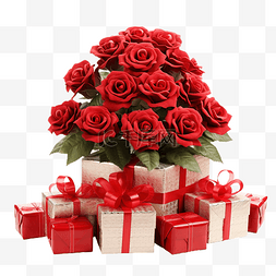 红的的丝带图片_装饰圣诞树，红玫瑰花瓣上挂着礼