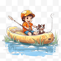 小男孩渔夫拿着钓竿和一只小狗在