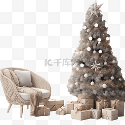 圣诞节舒适的客厅内部配有树和礼