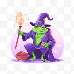 矢量魔法棒图片_巫师正在用魔杖召唤青蛙万圣节卡