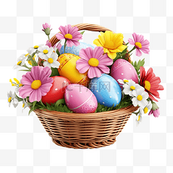 复活节彩蛋图片_柳条篮，里面有色彩缤纷的复活节