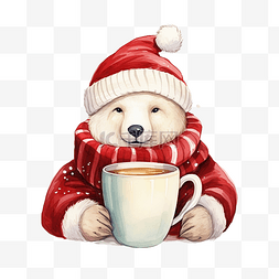 饮料照片图片_一杯圣诞咖啡，上面有一只戴着红