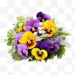 白色背景花束中提琴黄色和紫色花