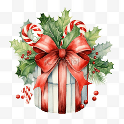 带礼品盒和拐杖糖的圣诞冬青花环