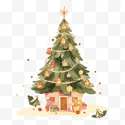优雅的节日剪贴画水彩圣诞树和房