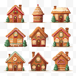 不同的可爱姜饼圣诞冬季房屋一套