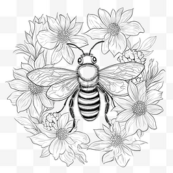 手绘线条花图片_蜜蜂和花