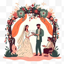 仪式剪贴画夫妇在花拱卡通前结婚