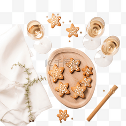 圣诞平铺生姜饼干和模具在木板上