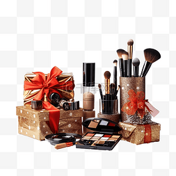 箱礼物礼物包装图片_桌上圣诞礼物附近的化妆刷和其他