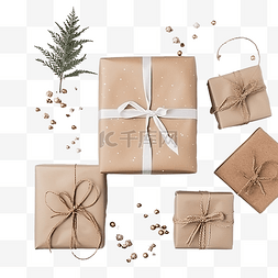 圣诞节松树枝图片_圣诞礼物包装和装饰，白桌上有喜