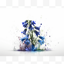 白色背景上带有水彩飞溅的蓝色花