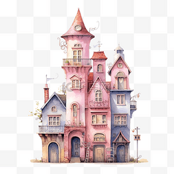 高大的浅粉色卡通房子素描水彩画