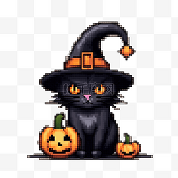 万圣节像素黑猫戴着南瓜女巫帽