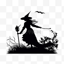 万圣节女巫剪影在月亮对面的扫帚