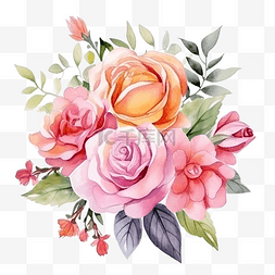 玫瑰葉图片_水彩鮮花花束插花與玫瑰和綠葉插