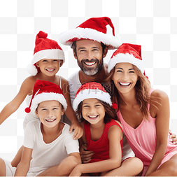 戴着圣诞老人帽子的家庭在热带海