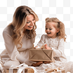妈妈带宝宝图片_母亲和小女儿在圣诞树附近带着礼