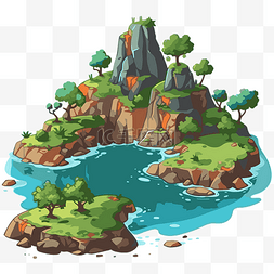 群岛剪贴画卡通岛有树木和水 向