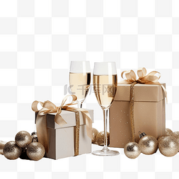 星星眼图片_有圣诞节装饰和香槟杯的礼品盒