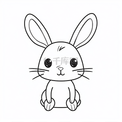 卡通白色兔子头图片_可爱的兔子坐下着色书绘图