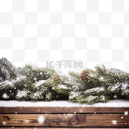 圣诞杉树枝，木板上有雪装饰
