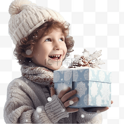 冬天户外快乐的孩子拿着礼盒