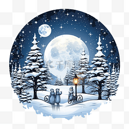 场景图片_圣诞节满月雪中精灵和雪人的宁静