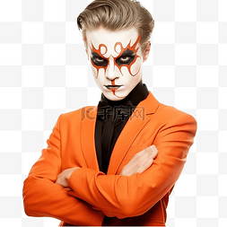面具图片_化装舞会妆容中的魔鬼男孩对着橘