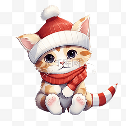 庆圣诞迎元旦元素图片_卡通可爱的圣诞猫和袜子帽子和手
