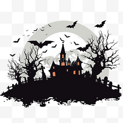 万圣节黑暗闹鬼的城堡和蝙蝠在墓
