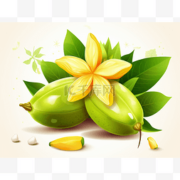 水果杨桃图片_上面有一朵花的绿色水果