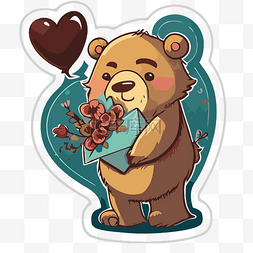 卡通泰迪熊与心和鲜花贴纸剪贴画