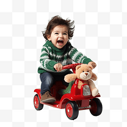 快乐的孩子穿着圣诞毛衣孩子骑玩