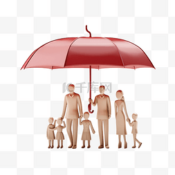 3d 雨伞保护模型家庭与木娃娃人物