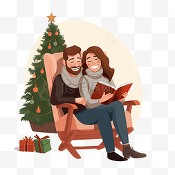 年轻的夫妇图片_年轻夫妇拿着书坐在圣诞树附近的